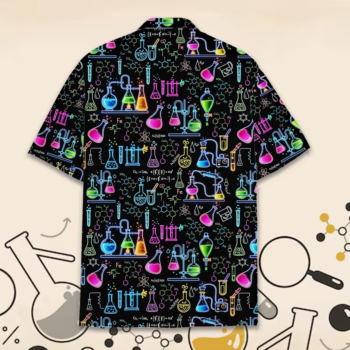 Detailed back view showing the vibrant neon pink, blue, and green chemical designs
