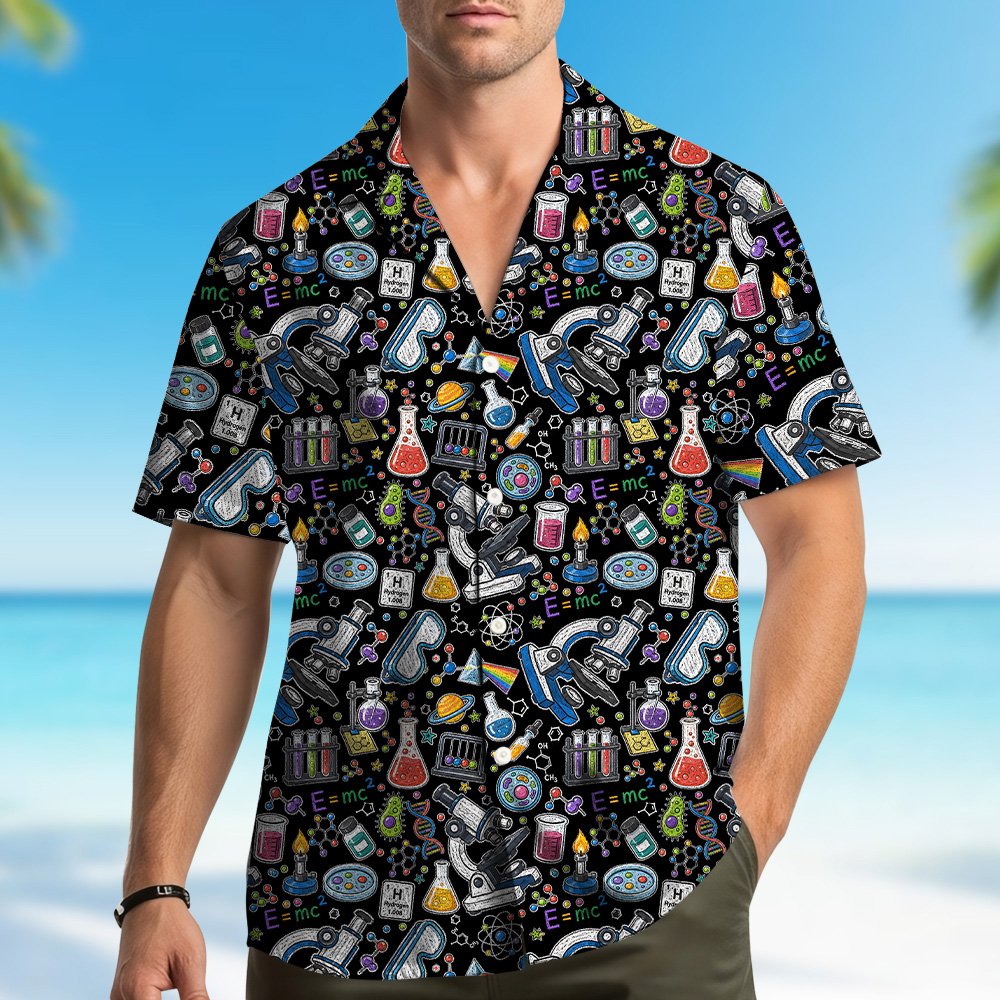 Back view of the black science hawaiian shirt