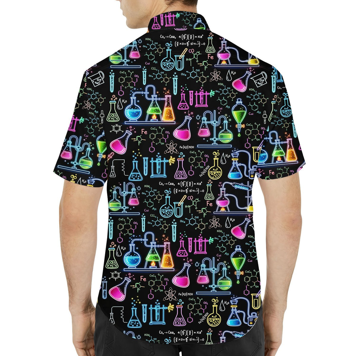 Back view of the science hawaiian shirt displaying the continuous neon lab equipment pattern
