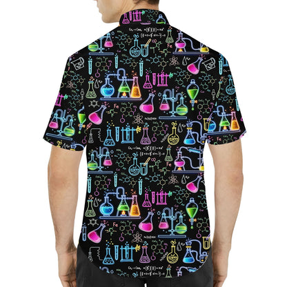 Back view of the science hawaiian shirt displaying the continuous neon lab equipment pattern