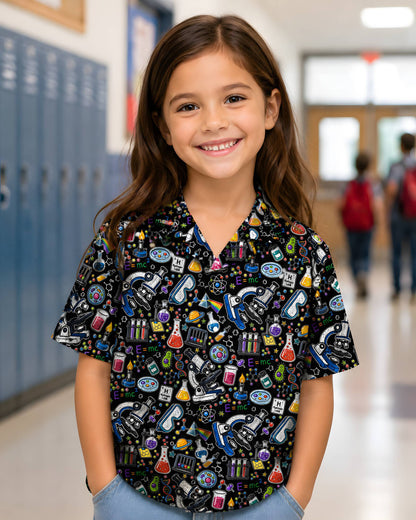 Front view of the matching family hawaiian shirts in a science theme