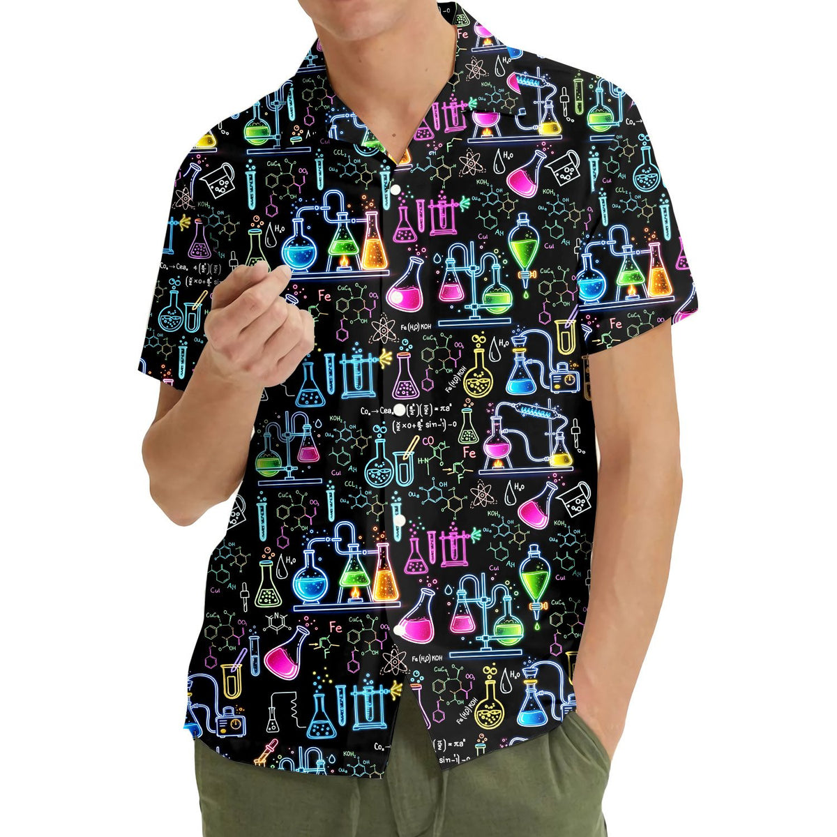 Another front view of the button-down science hawaiian shirt