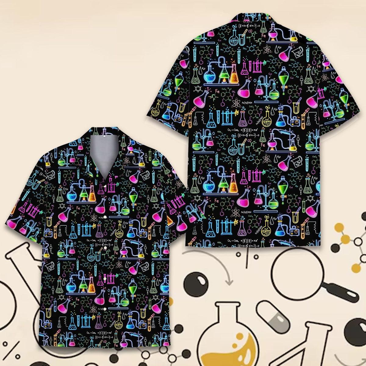Close-up front view of the neon chemistry pattern on the hawaiian shirt