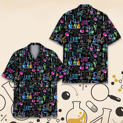 Close-up front view of the neon chemistry pattern on the hawaiian shirt