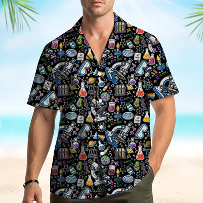 Main view of the black science hawaiian shirt featuring microscopes and atoms on a black background
