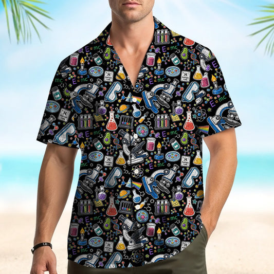 Main view of the black science hawaiian shirt featuring microscopes and atoms on a black background