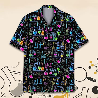 Front view of the science hawaiian shirt showing vibrant neon flasks and beakers