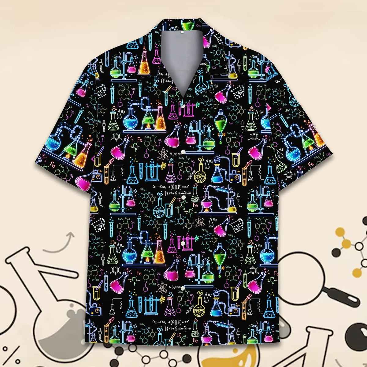 Main view of the adult science hawaiian shirt featuring neon laboratory equipment on a black background