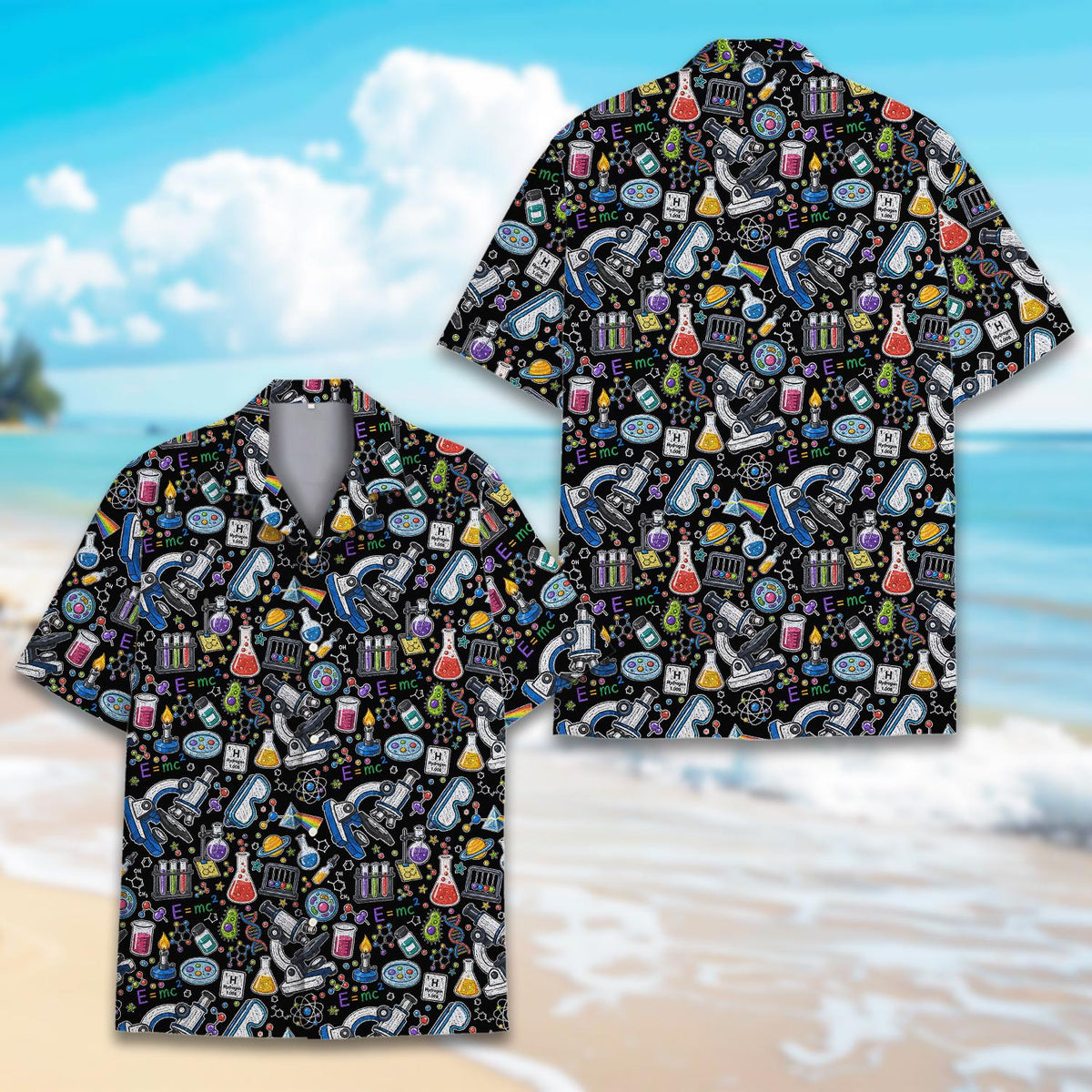 Lifestyle view of the family matching hawaiian shirts worn casually