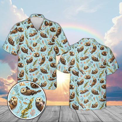 Sea otter hawaiian shirt in light blue, front view