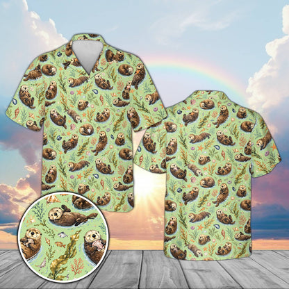 Sea otter hawaiian shirt in light green, front view