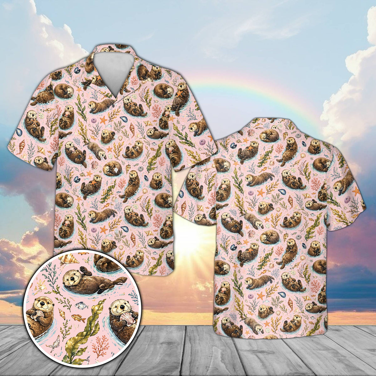 Sea otter hawaiian shirt in pink, front view