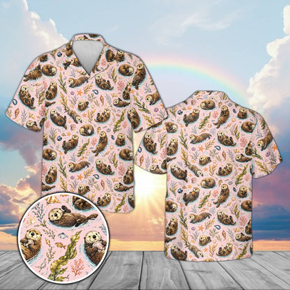 Sea otter hawaiian shirt in pink, front view