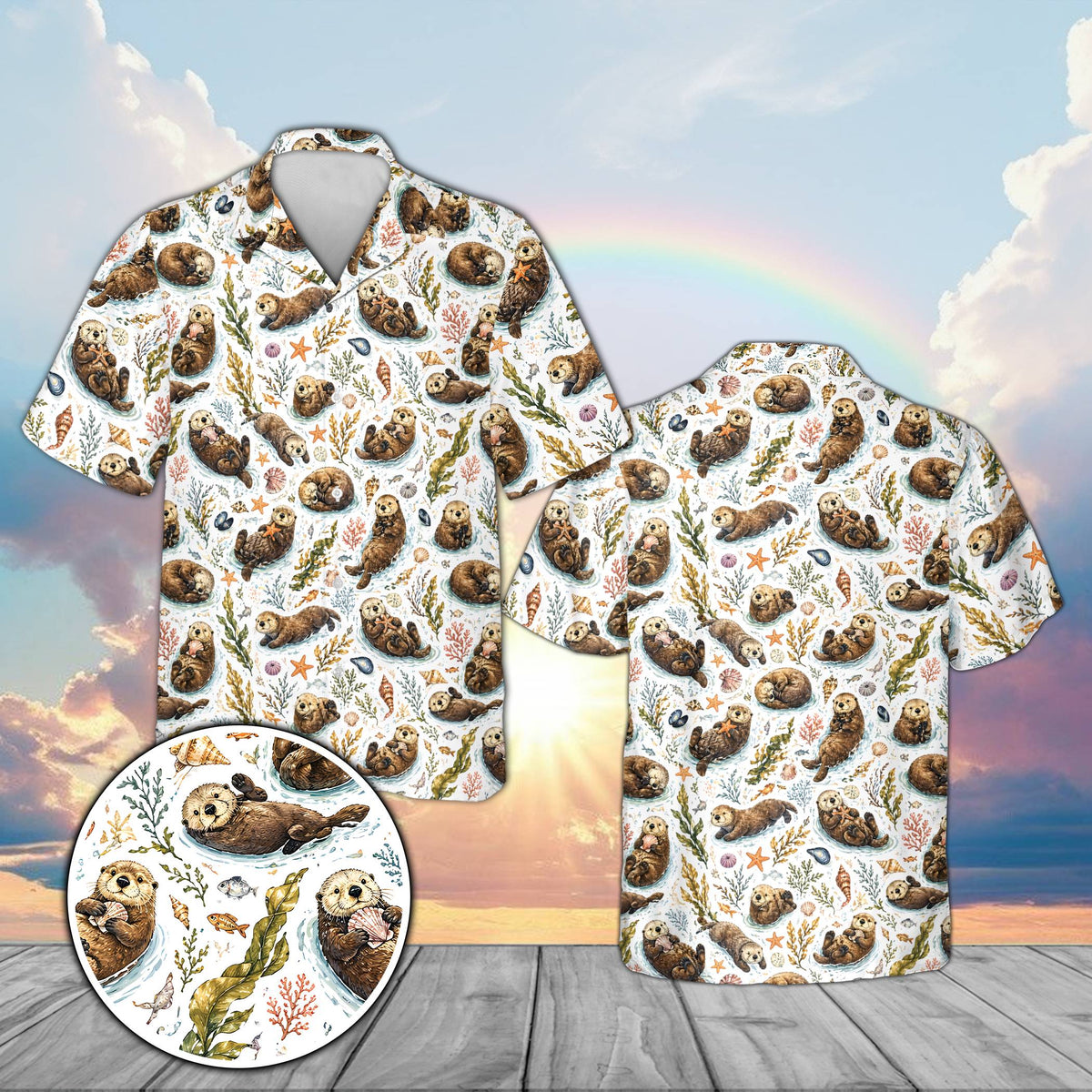 Matching family sea otter hawaiian shirt in white, main view