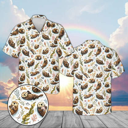 Matching family sea otter hawaiian shirt in white, main view