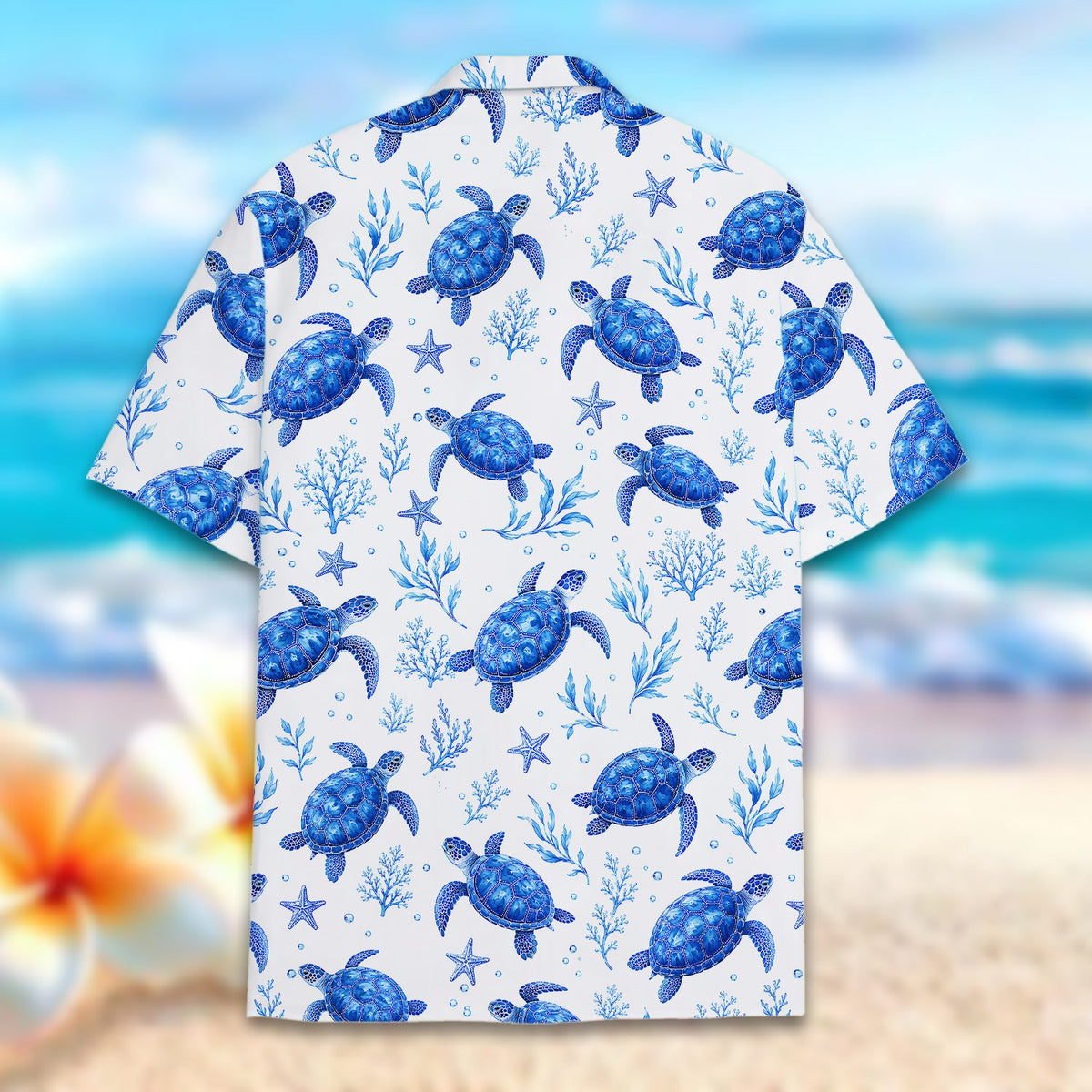 Back view of the sea turtle pattern matching family hawaiian shirt