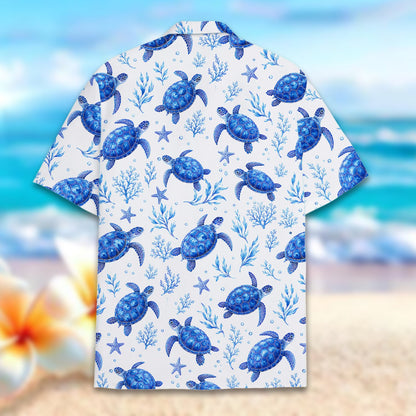 Back view of the sea turtle pattern matching family hawaiian shirt