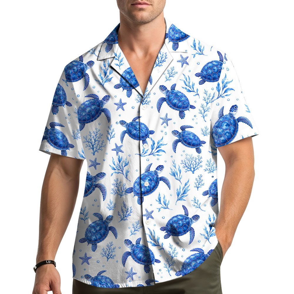 Front view of the matching family hawaiian shirt in white and blue
