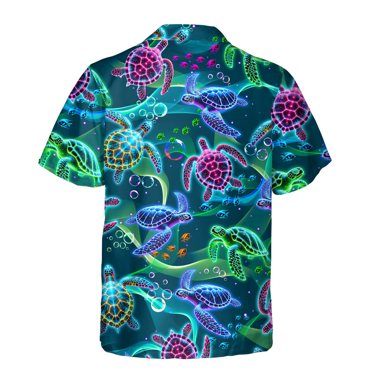 Back view of the neon sea turtle hawaiian shirt against a teal background