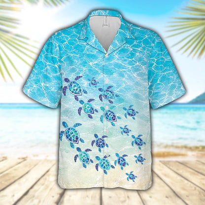 Front view of matching family hawaiian shirts featuring a sea turtle design in turquoise and beige