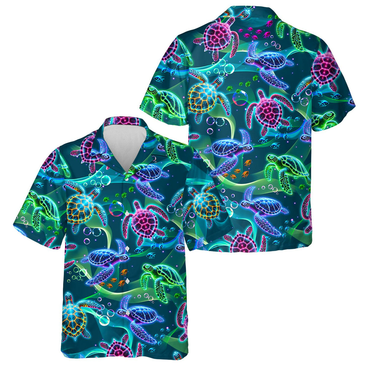 Teal sea hawaiian shirt featuring neon sea turtles, main view