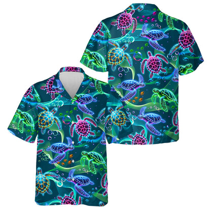 Teal sea hawaiian shirt featuring neon sea turtles, main view