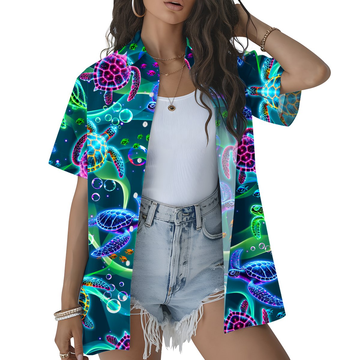 Second lifestyle view showing the teal sea hawaiian shirt outdoors
