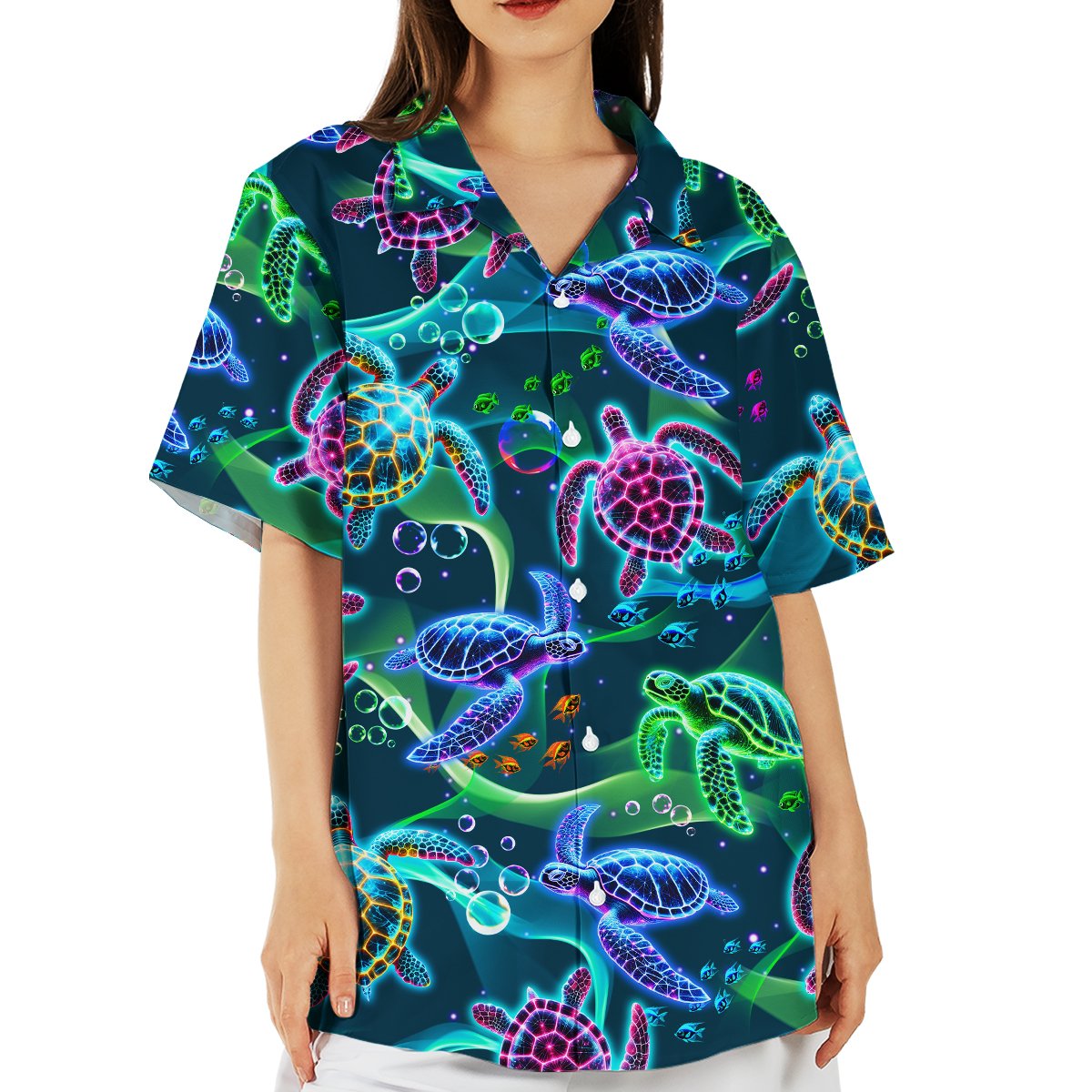 Third lifestyle view highlighting the vibrant abstract sea turtle pattern
