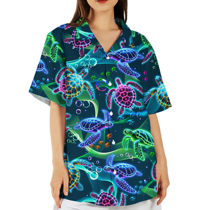 Third lifestyle view highlighting the vibrant abstract sea turtle pattern