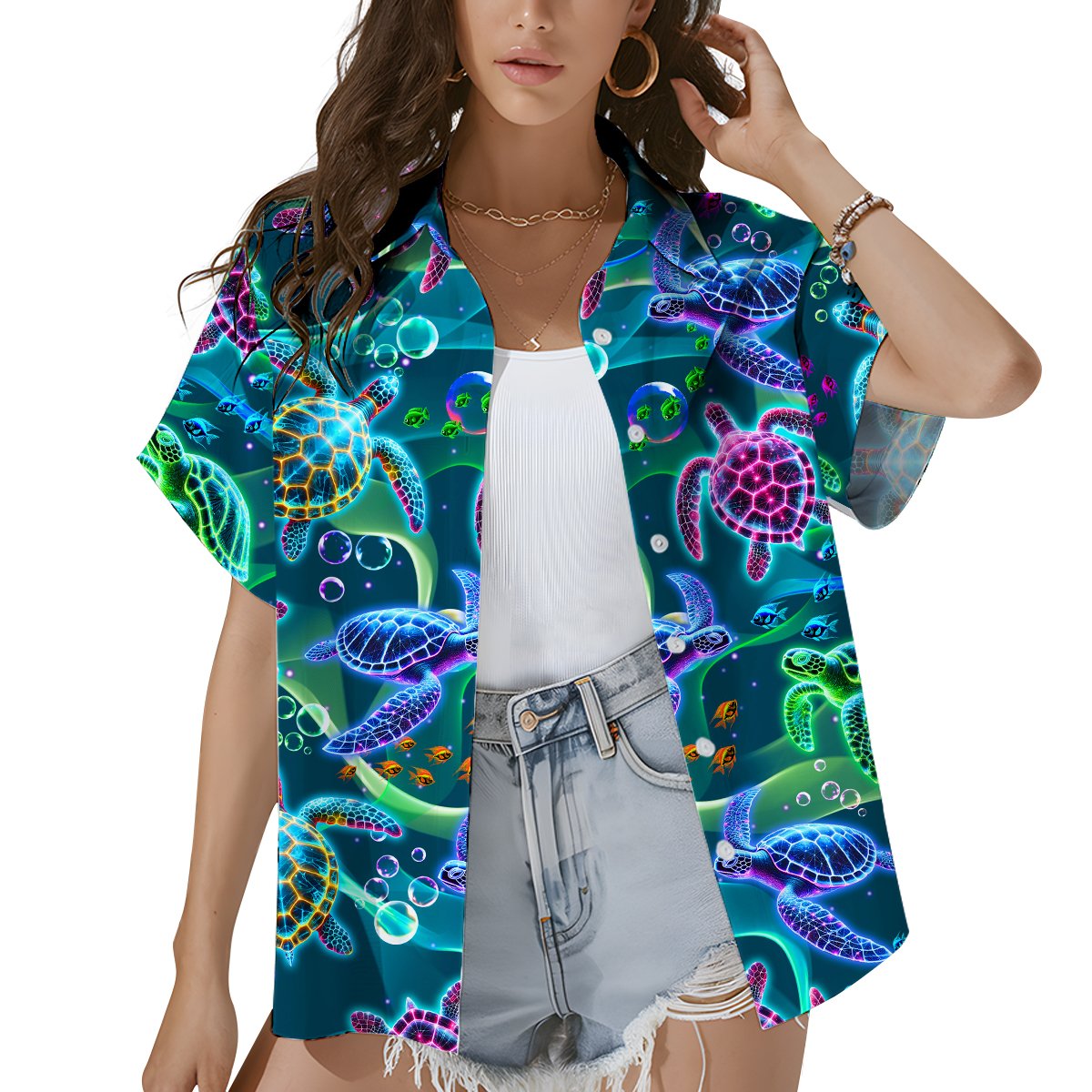 Lifestyle view of a family wearing matching neon sea turtle hawaiian shirts