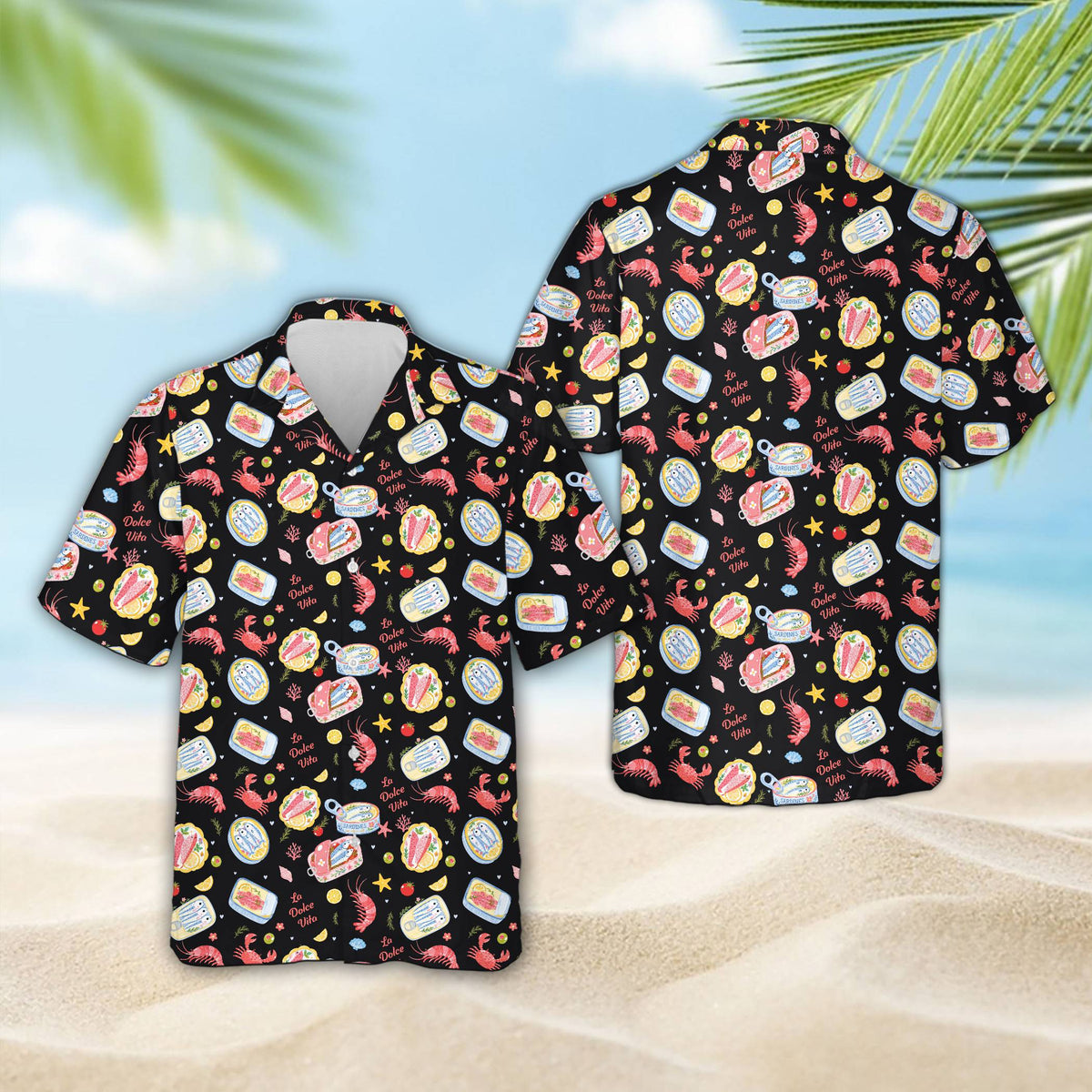 Multicolor seafood hawaiian shirt on a black background, front view
