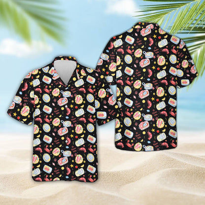 Multicolor seafood hawaiian shirt on a black background, front view