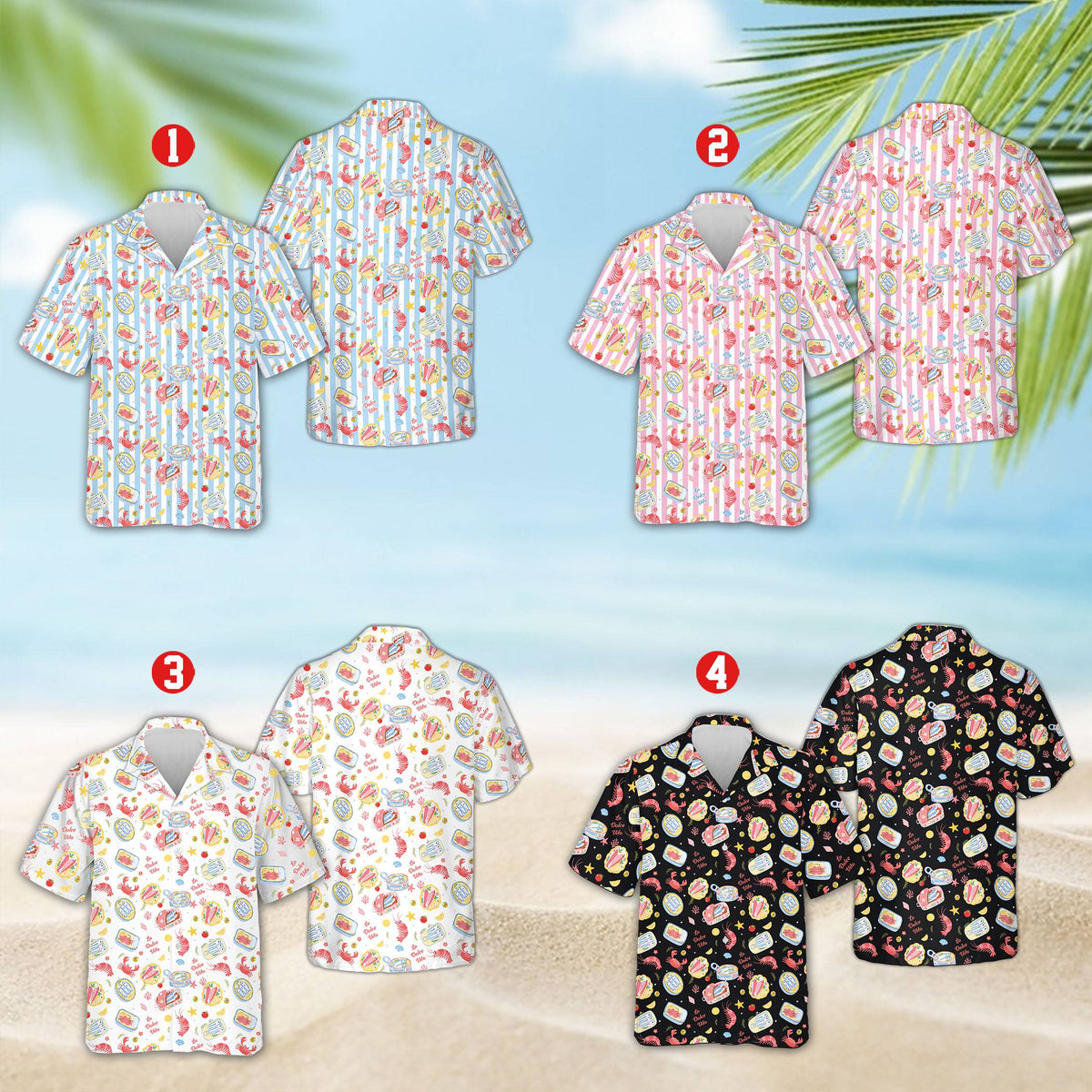 Front view of the multicolor seafood hawaiian shirt