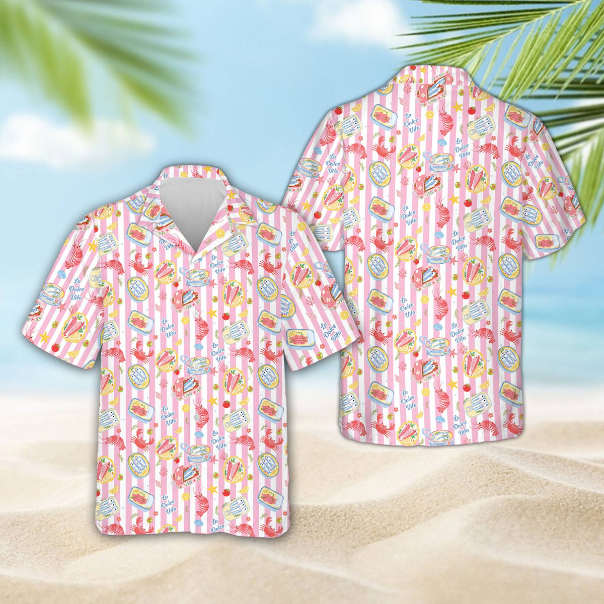 Close-up front view of the multicolor seafood hawaiian shirt