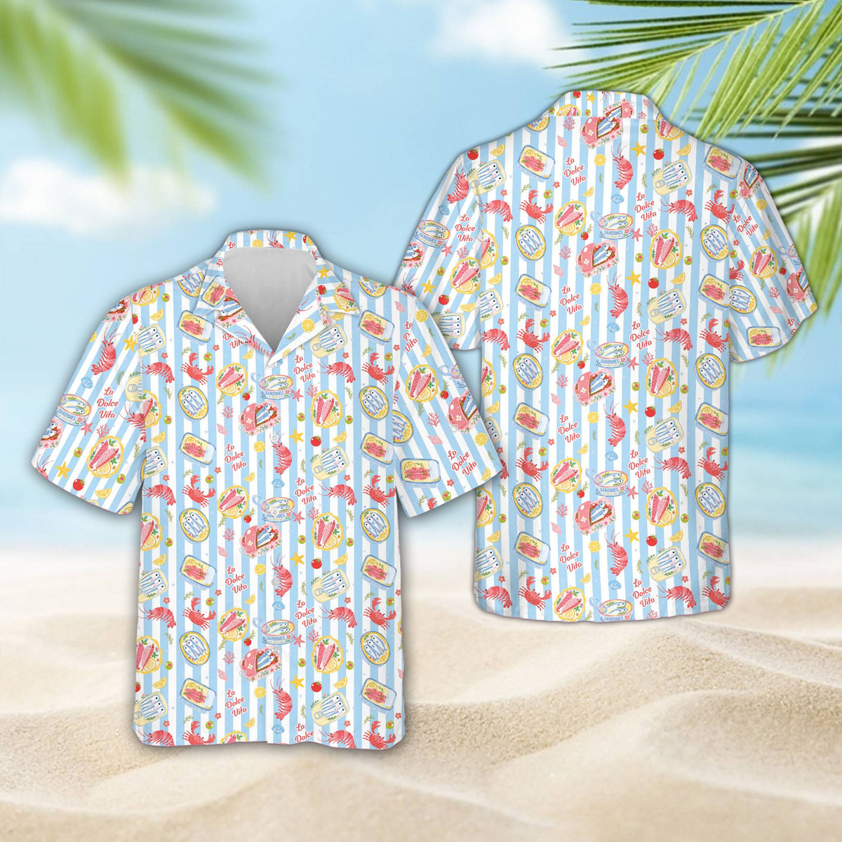 Detailed front view of the multicolor seafood hawaiian shirt print
