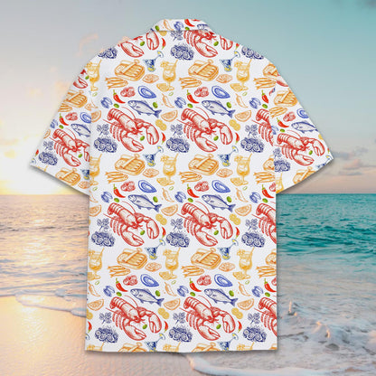 Back view of the white seafood hawaiian shirt