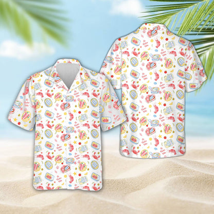 Multicolor seafood hawaiian shirt on a white background, front view