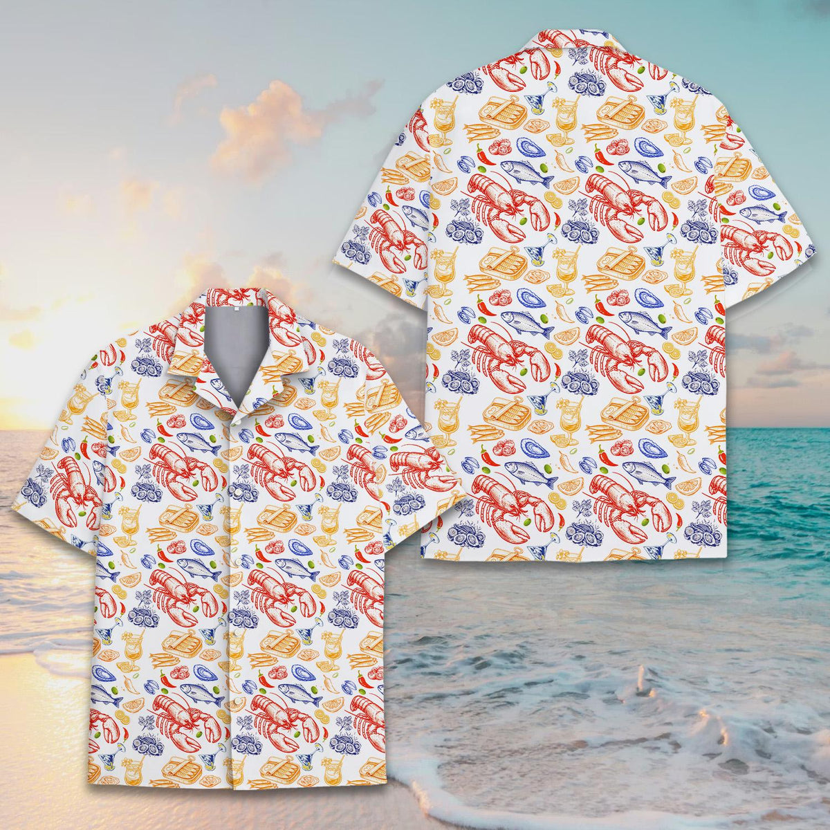Close up front view of the seafood hawaiian shirt pattern