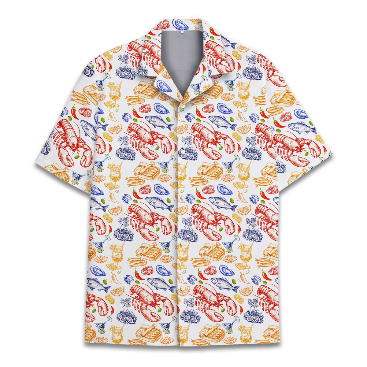 White seafood hawaiian shirt featuring red lobsters and blue fish, main view