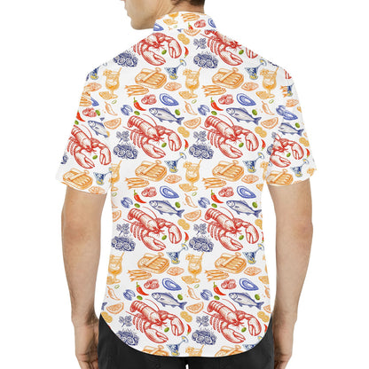 Second lifestyle view wearing the white seafood hawaiian shirt