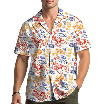 Lifestyle view of the family matching hawaiian shirt with seafood design