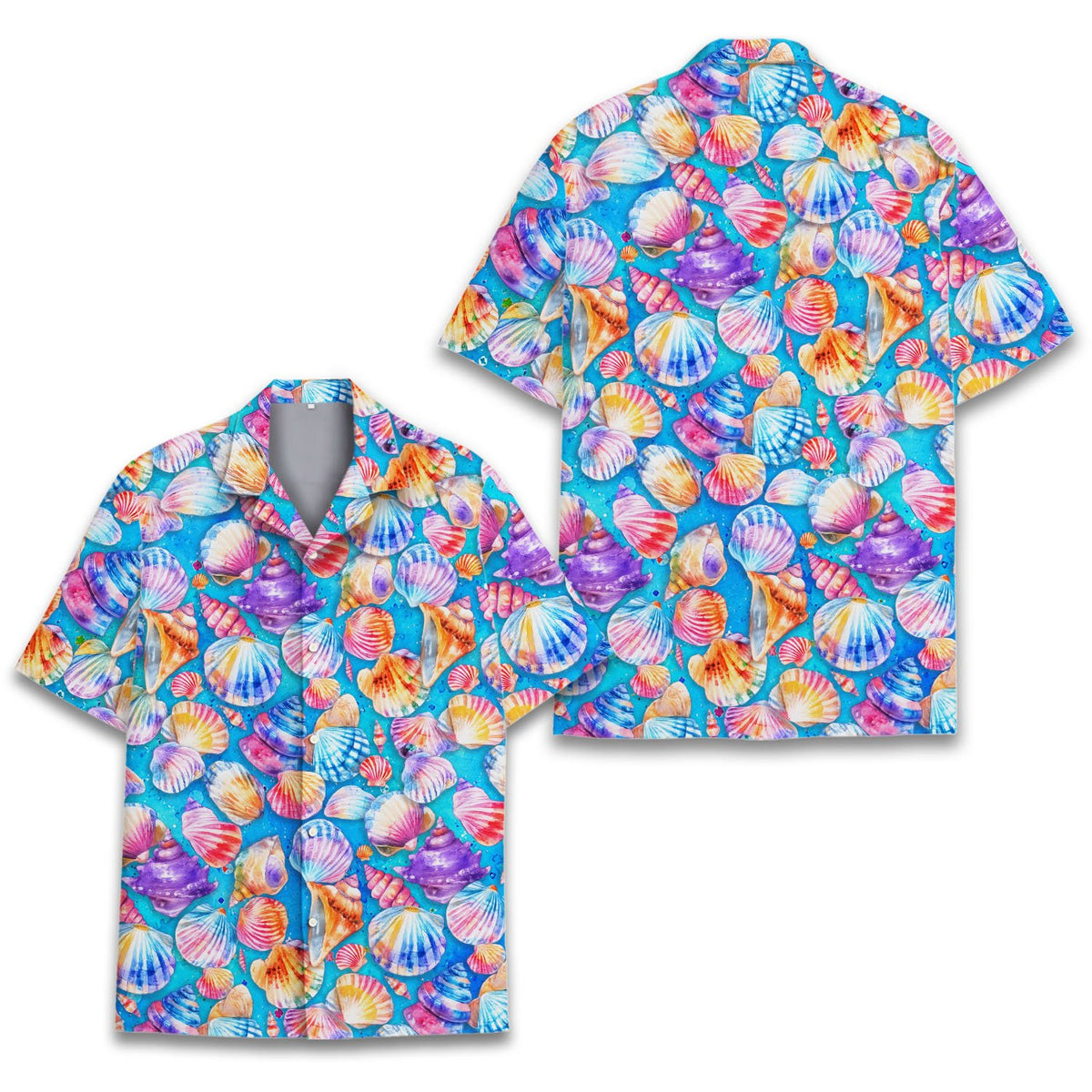 Blue seashells hawaiian shirt with colorful watercolor shells, front view