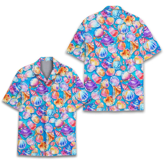 Blue seashells hawaiian shirt with colorful watercolor shells, front view