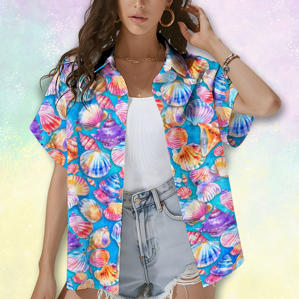 Lifestyle shot of vibrant blue seashells hawaiian shirt on a sunny day