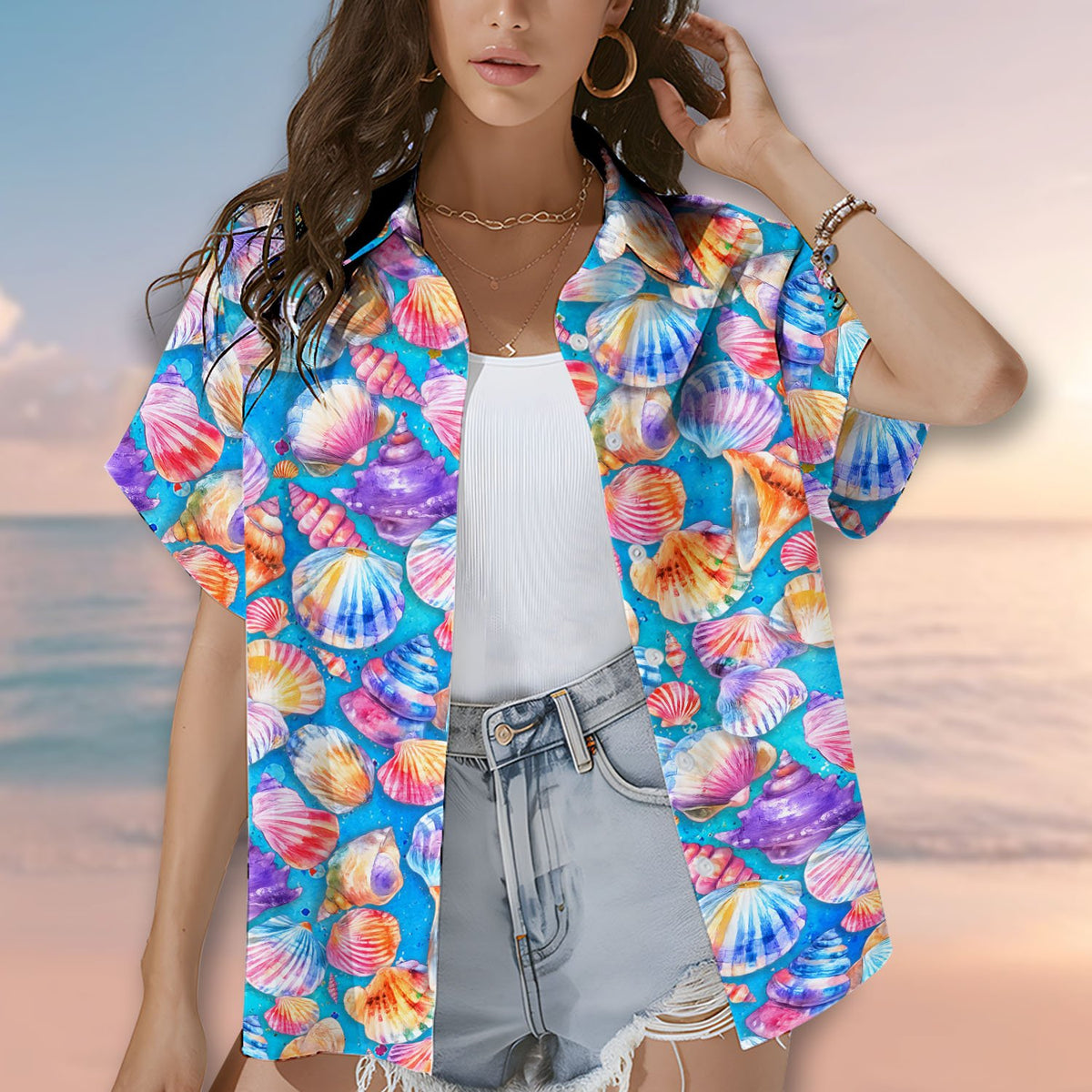 Matching family hawaiian shirts in colorful seashell print