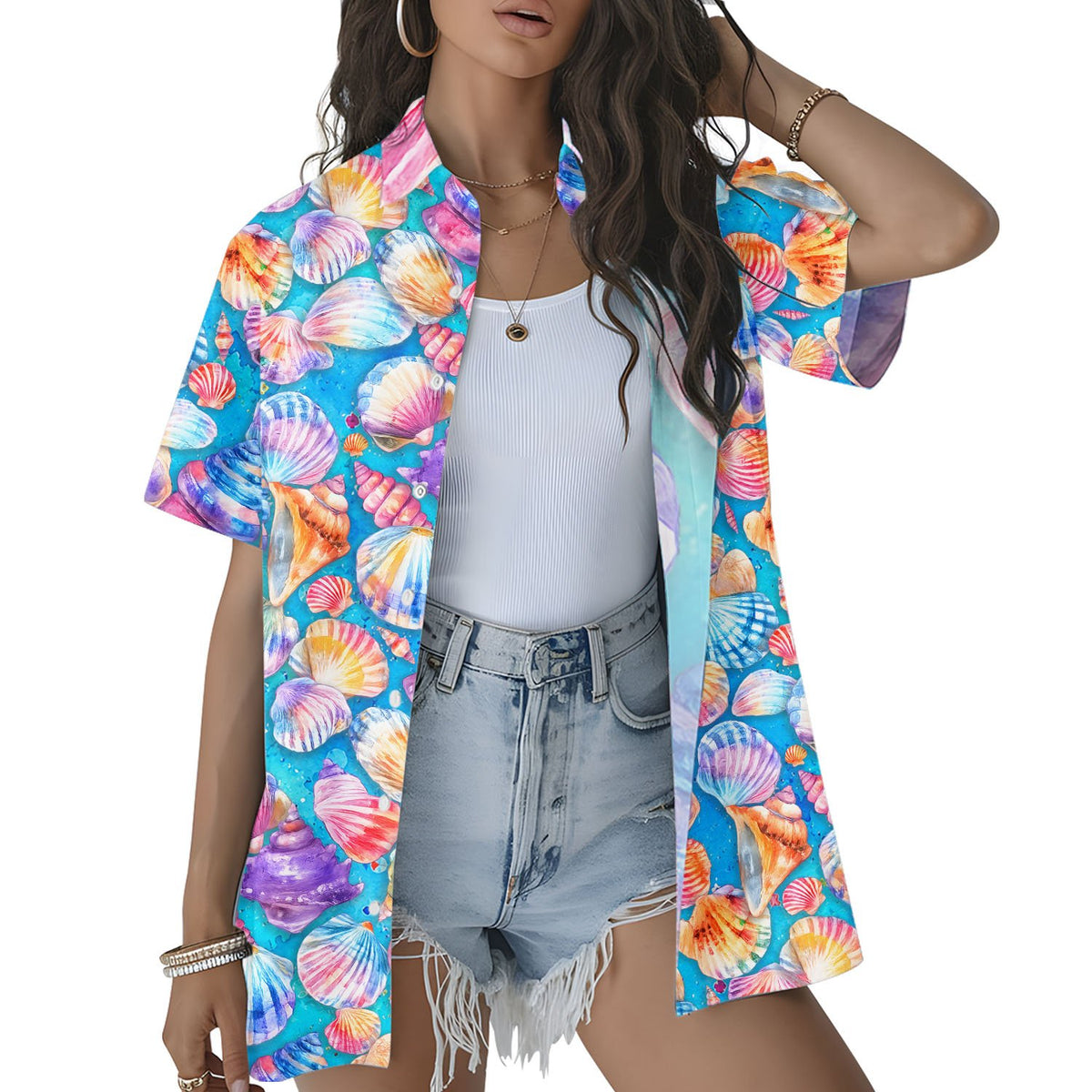 Close up lifestyle view of the watercolor seashell hawaiian shirt