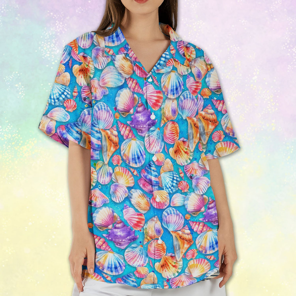 Casual lifestyle view of the watercolor blue seashells hawaiian shirt