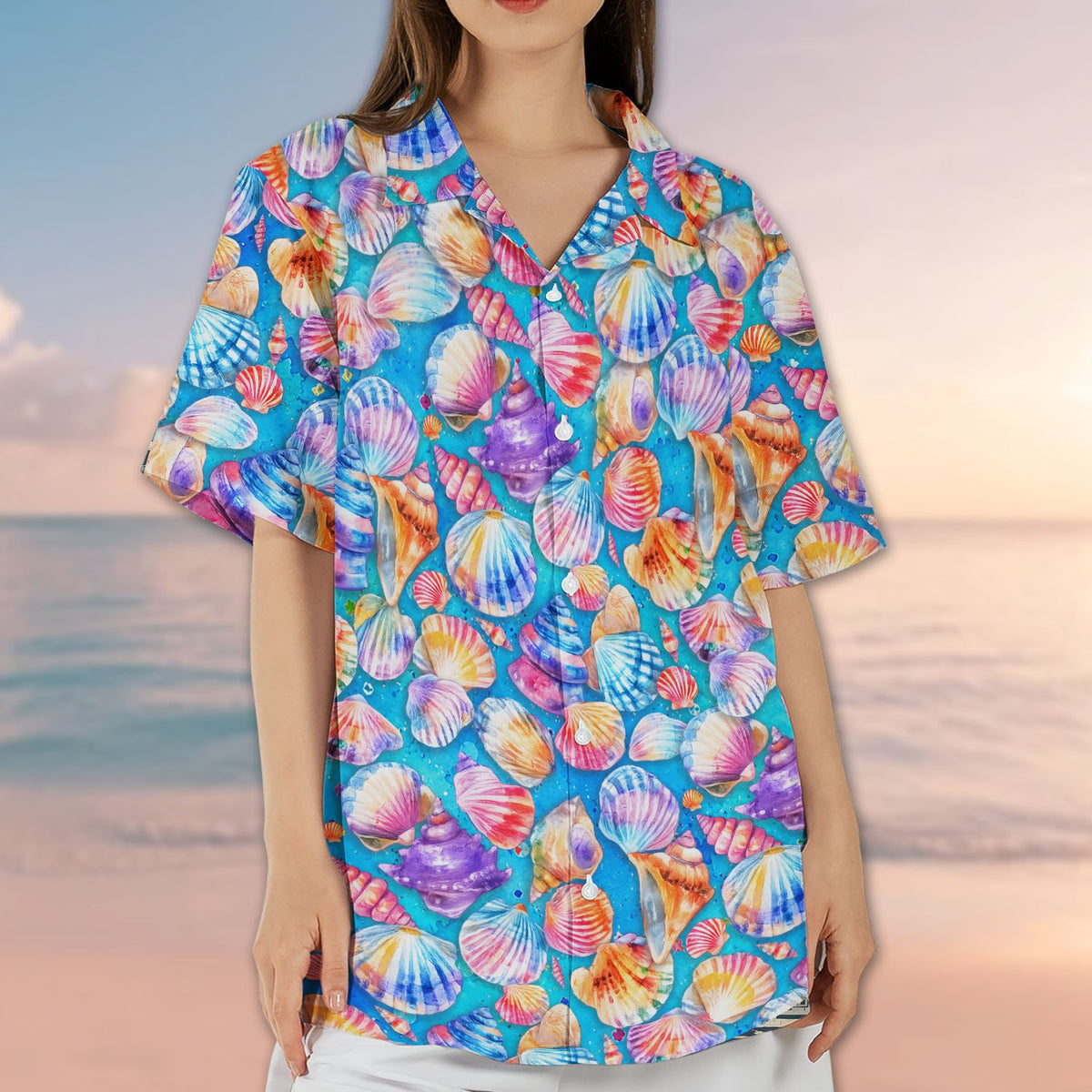Group lifestyle view of the family matching seashells hawaiian shirts