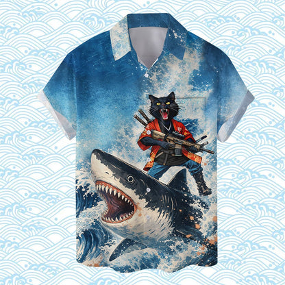 Close-up front view highlighting the shark and cat design
