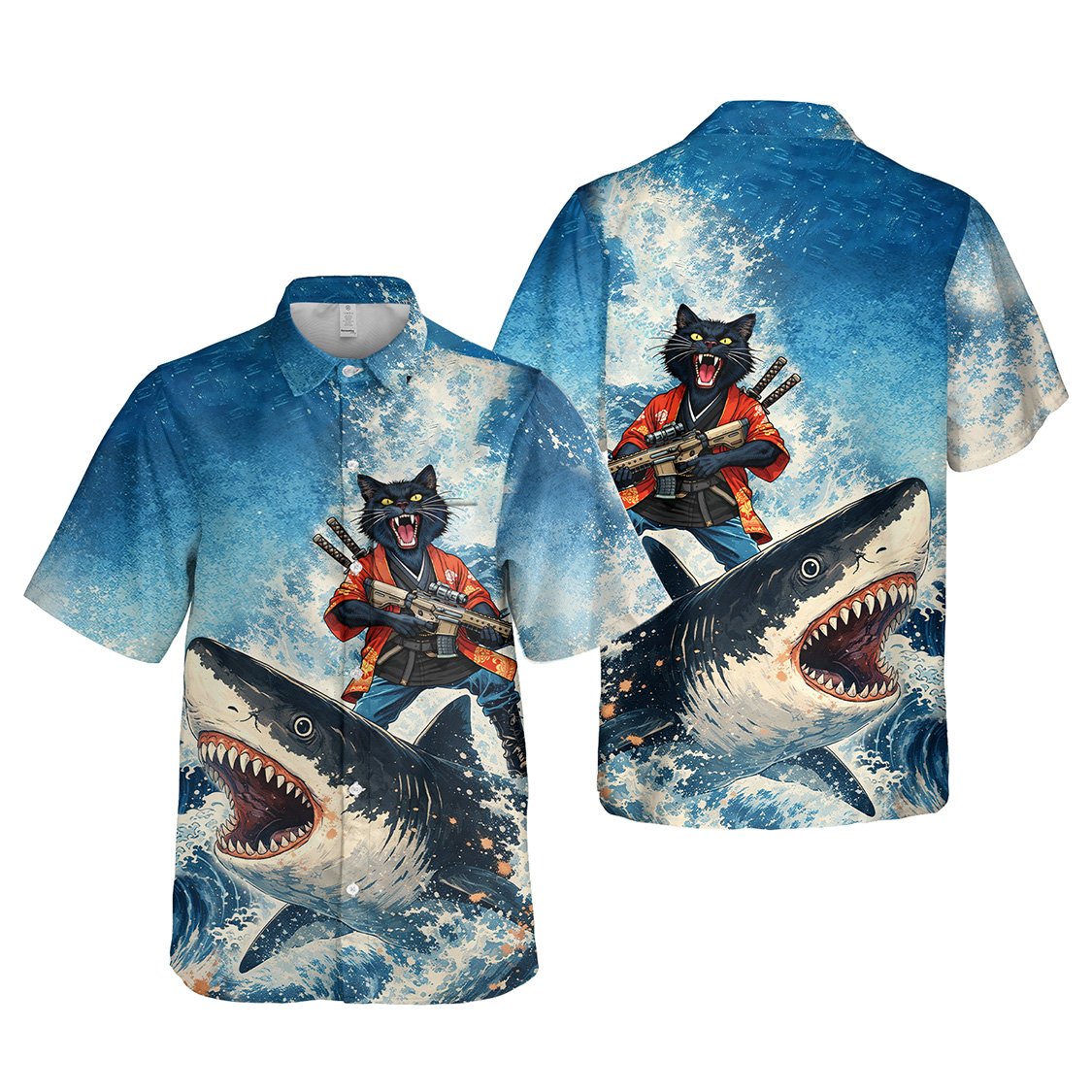 Front view of the blue matching family hawaiian shirt with shark design